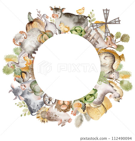 Farm animals card. Watercolor border with cute cow, horse and pig for birthday invite. Frame template for child card. Cartoon pet characters. 112490094