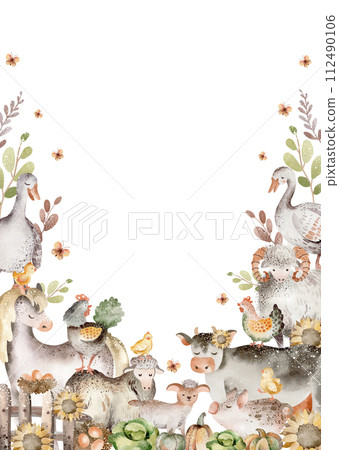 Farm animals card. Watercolor border with cute cow, horse and pig for birthday invite. Frame template for child card. Cartoon pet characters. Farm animals card. Watercolor border with cute cow, horse and pig for birthday invite. Frame template for child card. Cartoon pet characters. 112490106