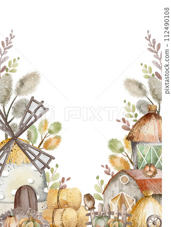 Template nature card. Watercolor frame forest with trees for birthday invite. Jungle background for child invite. Farm design farmland. Template nature card. Watercolor frame forest with trees for birthday invite. Jungle background for child invite. Farm design farmland. 112490108