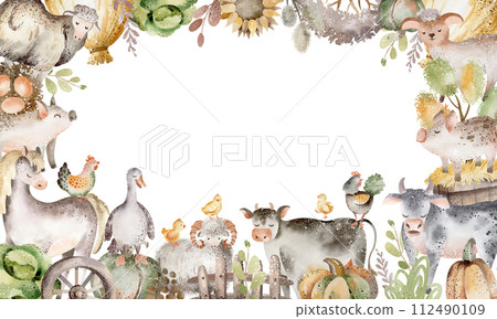 Farm animals card. Watercolor border with cute cow, horse and pig for birthday invite. Frame template for child card. Cartoon pet characters. Farm animals card. Watercolor border with cute cow, horse and pig for birthday invite. Frame template for child card. Cartoon pet characters. 112490109