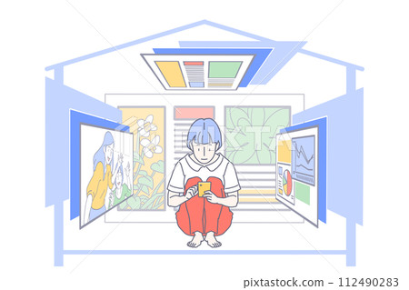 A woman wearing red pants looking at a yellow smartphone at home enjoys looking at different screens 112490283