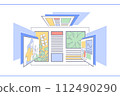天花板、左、右、後牆上顯示各種視訊螢幕的空間插圖。 112490290