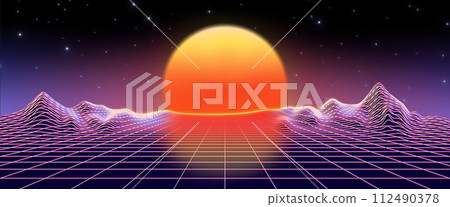 Retro neon sunset synthwave background from 80s Retro neon sunset synthwave background from 80s 112490378