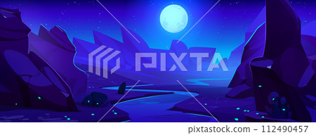 Night mountains landscape with river under moon Night mountains landscape with river under moon 112490457