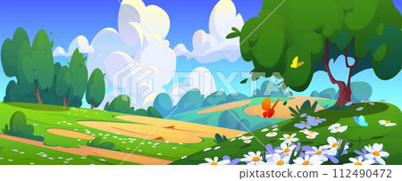 Summer valley landscape with flowers 112490472