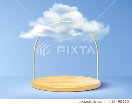 Wooden cylinder podium with white fluffy cloud Wooden cylinder podium with white fluffy cloud 112490510