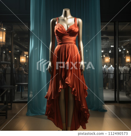Elegance unveiled: a captivating display of a beautiful, luxurious evening gown gracefully adorning a mannequin, epitomizing timeless style and opulence for a glamorous and chic affair 112490573