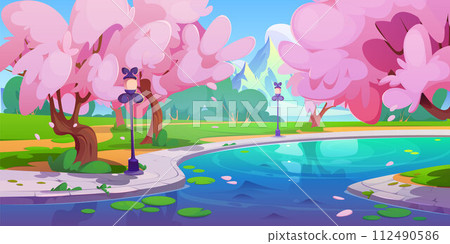 City park with pond and pink flower sakura trees. City park with pond and pink flower sakura trees. 112490586