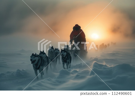 Frozen journey, person with sled of dogs traverses snowy antarctica, an epic adventure through icy landscapes with loyal canine companions, exploring the remote and pristine wildernes Frozen journey, person with sled of dogs traverses snowy antarctica, an epic adventure through icy landscapes with loyal canine companions, exploring the remote and pristine wildernes 112490601