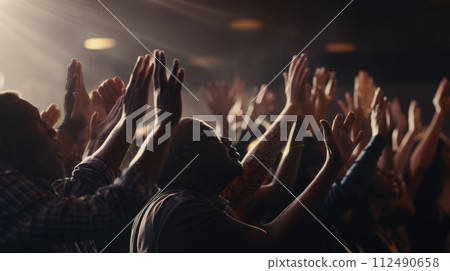Capturing divine moments: church worship concept Christians, raised hands, earnestly pray and worship to cross in the sacred ambiance of a church building, expressing faith and spiritual connection. Capturing divine moments: church worship concept Christians, raised hands, earnestly pray and worship to cross in the sacred ambiance of a church building, expressing faith and spiritual connection. 112490658