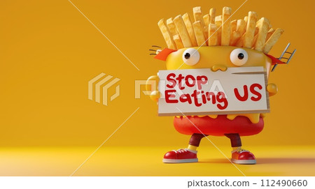 Whimsical plea: cartoon characters, fast food holding a sign 'Stop Eating Us.' A playful take on the concept of proper nutrition and the pursuit of a healthier lifestyle. 112490660