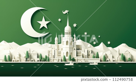 Pakistan day: celebrating unity, freedom, and heritage in a symphony of green and white, honoring the nation's journey towards independence and prosperity on this historic occasion. 112490758