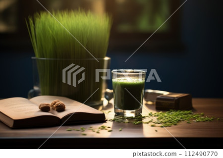 Celebrating renewal with sprouted wheat grass: happy nowruz, a festive homage to nature's rebirth, cultural traditions, and the joyous spirit of persian new year, embracing health and vitality. 112490770