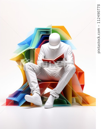 Immersing in narratives: a 3d animated character reading a book, education , immersed in the world of literature, act of reading. 112490778