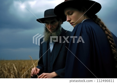 Portrayal of Amish people, traditional lifestyle, close bonds of community, rural simplicity, values of cultural richness, traditions of close-knit family friendly living group. village Country life. Portrayal of Amish people, traditional lifestyle, close bonds of community, rural simplicity, values of cultural richness, traditions of close-knit family friendly living group. village Country life. 112490811