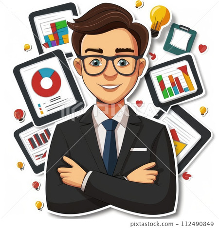 Business finance marketing cartoon sticker, isolated on white background with cut-off edges. Creative concept for financial presentations, marketing strategies, and advertising campaigns Business finance marketing cartoon sticker, isolated on white background with cut-off edges. Creative concept for financial presentations, marketing strategies, and advertising campaigns 112490849