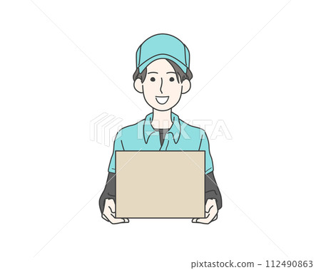 Female staff wearing a hat holding cardboard and luggage Female staff wearing a hat holding cardboard and luggage 112490863