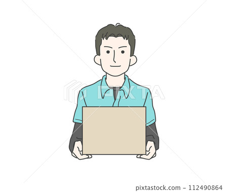 Illustration of a man holding cardboard and luggage 112490864