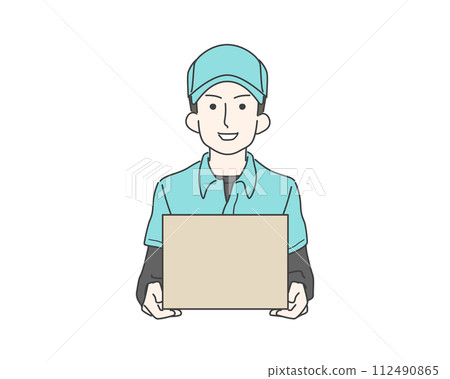 A male worker wearing a hat holding cardboard and luggage 112490865