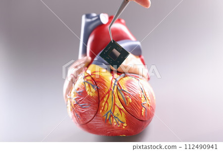 Hand inserting microchip into artificial heart mockup using tweezers closeup Hand inserting microchip into artificial heart mockup using tweezers closeup 112490941