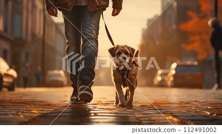 AI-generated content. A man is walking a carnivore dog down a city street with a leash 112491002