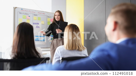 Woman coach explaining information to students in front of blackboard with graphs 112491018