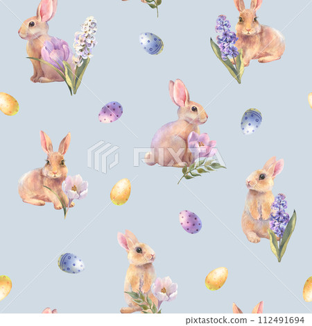 Watercolor Easter seamless pattern. Hand painted holiday wallpaper design with rabbits, colored eggs and spring flowers on blue background. Vintage style spring texture. Watercolor Easter seamless pattern. Hand painted holiday wallpaper design with rabbits, colored eggs and spring flowers on blue background. Vintage style spring texture. 112491694