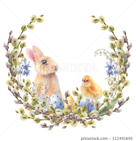 Watercolor little peach rabbit is sitting in the flowers wreath. Easter bunny and yellow chick, decorative eggs yellow, blue, violet. Template for designs , card, wallpaper. Watercolor little peach rabbit is sitting in the flowers wreath. Easter bunny and yellow chick, decorative eggs yellow, blue, violet. Template for designs , card, wallpaper. 112491695