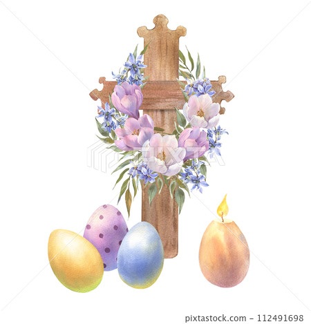Happy Easter composition Watercolor cross with flower wreath bouquets, colorful eggs, candle hand drawn watercolor illustration. Vintage style. Drawing on isolated white background. Happy Easter composition Watercolor cross with flower wreath bouquets, colorful eggs, candle hand drawn watercolor illustration. Vintage style. Drawing on isolated white background. 112491698