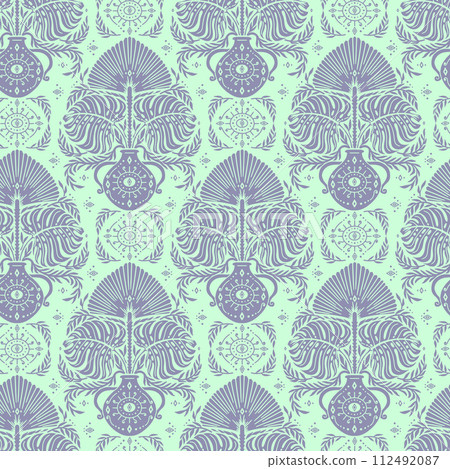 Seamless purple Damask pattern on a green background Seamless purple Damask pattern on a green background 112492087