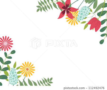 Hand sketched background, vector illustration. Borders with leaves and flowers on corners for greeting card, invitation template. Retro, vintage lettering banner, poster, background. 112492476