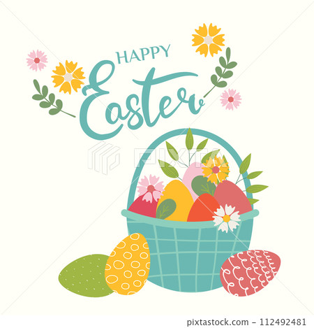 Happy Easter banner, poster, greeting card. Trendy Easter design with lettering, flowers, basket of eggs and in pastel colors on beige background. Flat vector illustration. 112492481