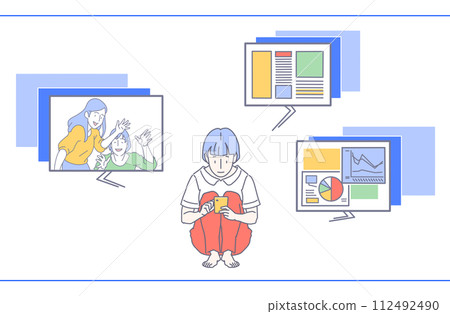 圖：一名婦女在展示視訊和材料時使用智慧型手機與遠方的一男一女進行線上會議 112492490