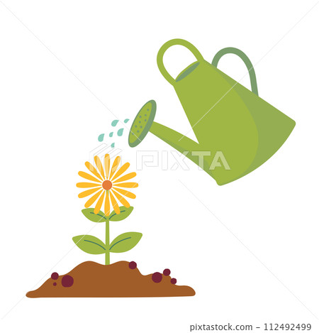Vector green watering can isolated on a white background. Gardening tools. Seedlings are watered from a watering can. Vector illustration. Vector green watering can isolated on a white background. Gardening tools. Seedlings are watered from a watering can. Vector illustration. 112492499