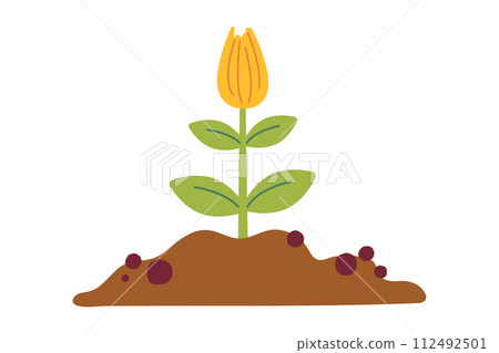 Pile of ground with small green sprout, heap of soil. Vector illustration isolated on white background. Vector illustration. Gardening, plants. Cartoon design for poster, icon, card 112492501