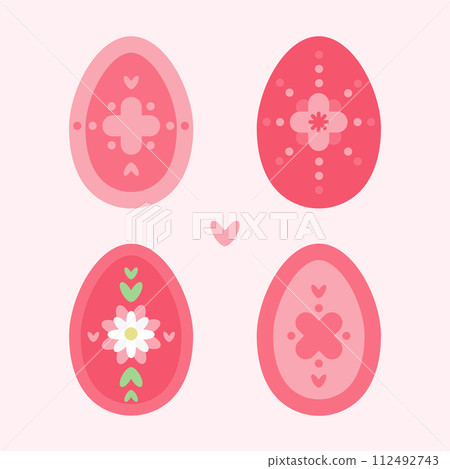 Easter eggs set with pink flowers and cross. Easter eggs set with pink flowers and cross. 112492743
