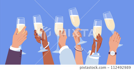 set of different hands of men and women holding glasses of champagne. Celebration concept. Vector flat illustration set of different hands of men and women holding glasses of champagne. Celebration concept. Vector flat illustration 112492989