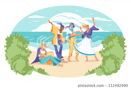 People celebrate and dance on the beach. A party in the atmosphere of summer. Tropical ocean shore. Holiday mood. Vector flat illustration People celebrate and dance on the beach. A party in the atmosphere of summer. Tropical ocean shore. Holiday mood. Vector flat illustration 112492990