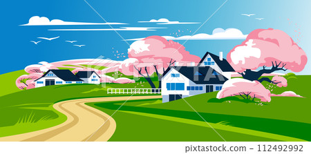 Farmhouses among spring trees on a green meadow. Season landscape. Vector flat illustration 112492992