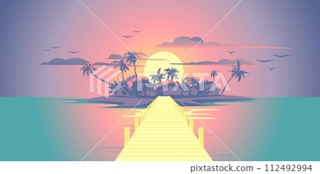 Tropical island on the ocean shore at sunset. Wooden road. Silhouettes of palm trees at sunset. A traditional place for vacations and tourism. Vector illustration 112492994