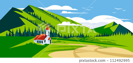 A traditional Christian church on a green meadow among the mountains. Spring or summer landscape. Vector flat illustration. Idyll and peace 112492995