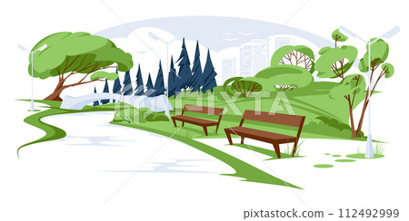 Empty spring or summer city park landscape. A bridge and a river in the middle of a green meadow. Skyscrapers Vector flat illustration Empty spring or summer city park landscape. A bridge and a river in the middle of a green meadow. Skyscrapers Vector flat illustration 112492999