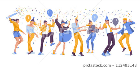 Party people celebrate their birthday. Different dancing funny characters isolated on white background. Vector flat  112493148