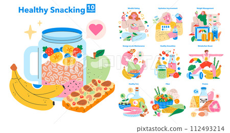 The illustration showcases a variety of healthy snacks including gummi candy, food storage containers, and party supplies in a rectangular layout 112493214