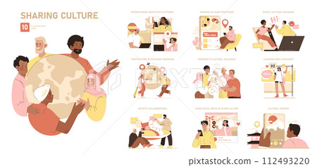 A group of people gathered around a globe in a leisure room, sharing a fun and happy art event. They stand in a circle, enjoying the moment 112493220