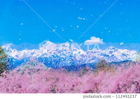 [Spring material] Cherry blossoms, Northern Alps, blue sky, watercolor style [Nagano Prefecture] 112493237