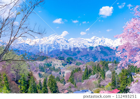 【春天素材】櫻花、北阿爾卑斯山、藍天、水彩風格【長野縣】 【春天素材】櫻花、北阿爾卑斯山、藍天、水彩風格【長野縣】 112493251