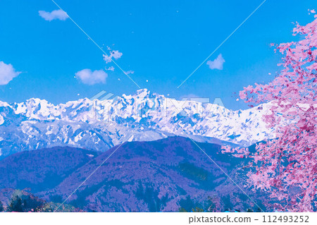 【春天素材】櫻花、北阿爾卑斯山、藍天、水彩風格【長野縣】 【春天素材】櫻花、北阿爾卑斯山、藍天、水彩風格【長野縣】 112493252