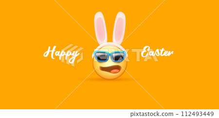 Happy easter funny horizontal banner with cartoon 3d smile face with rabbit ears and sunglasses isolated on yellow background. Vector 3d square happy eater poster, flyer, banner, label and background Happy easter funny horizontal banner with cartoon 3d smile face with rabbit ears and sunglasses isolated on yellow background. Vector 3d square happy eater poster, flyer, banner, label and background 112493449
