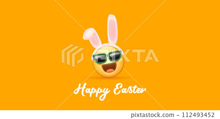 Happy easter funny horizontal banner with cartoon 3d smile face with rabbit ears and sunglasses isolated on yellow background. Vector 3d square happy eater poster, flyer, banner, label and background Happy easter funny horizontal banner with cartoon 3d smile face with rabbit ears and sunglasses isolated on yellow background. Vector 3d square happy eater poster, flyer, banner, label and background 112493452